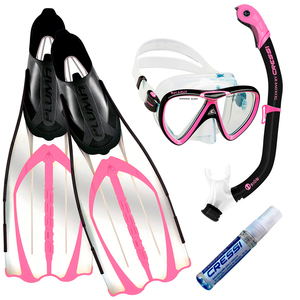 Kit de Mergulho Máscara+Respirador+Nadadeira Cressi Pluma Rosa + Ikarus + Orion Dry + Anti Fog Sea Gold