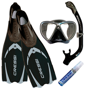 Kit de Mergulho Máscara+Respirador+Nadadeira Cressi Pluma Preto + Ikarus + Orion Dry + Anti Fog Sea Gold